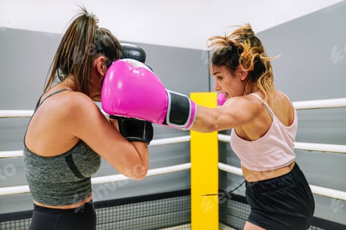 Preview: Two female boxers practicing boxing in the ring at the gym