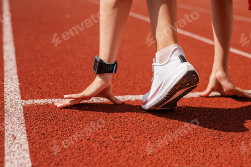 Preview: Female athlete at the starting line on a running track, preparing for a sprint