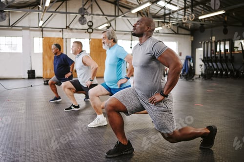 Preview: People, fitness and stretching legs in class with personal trainer at gym for workout, exercise or