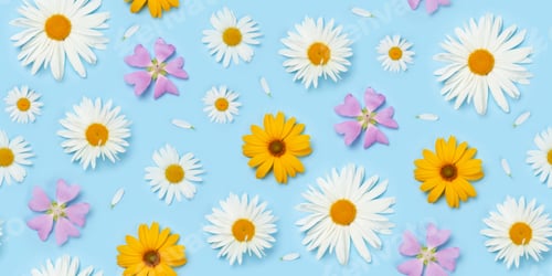 Preview: Garden flowers over blue background seamless