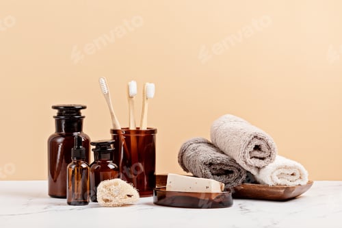 Preview: Bamboo and glass accessories for bath - jars, soap bar, brushes for personal hygiene. Zero waste
