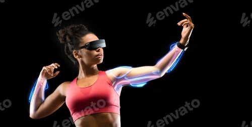 Preview: Athletic black lady using virtual reality headset while exercising
