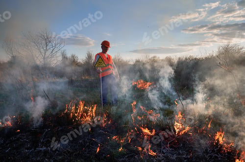 Preview: Firefighter ecologist working in field with wildfire.