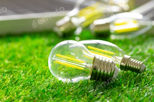 Preview: Energy efficient light bulb lying on grass