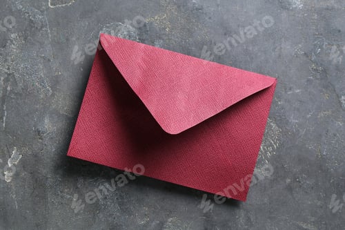 Preview: Beautiful invitation envelope on grey table, top view