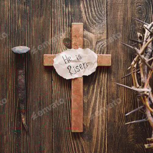 Preview: He is Risen. Jesus Crown Thorns and nails and cross on a wood background. Easter Day