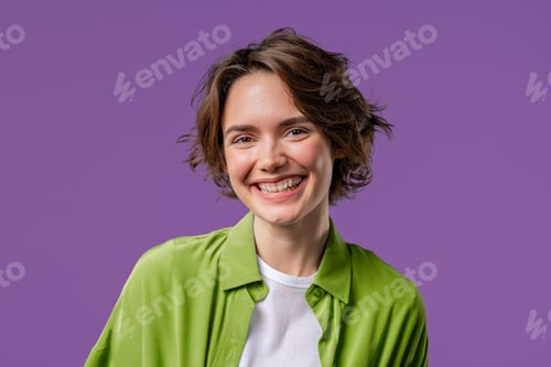 Preview: Young charming woman looking to camera and smiling on violet background. Face.