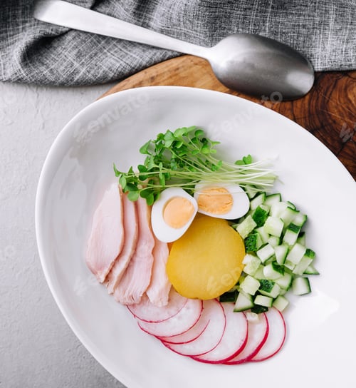 Preview: okroshka soup with salad top view