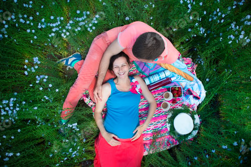Preview: Young happy beautiful pregnant couple in linen field