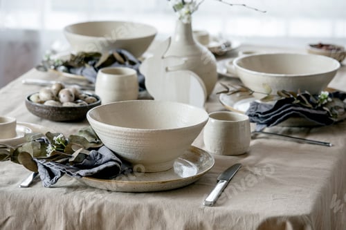 Preview: Easter dinner table setting with ceramic tableware