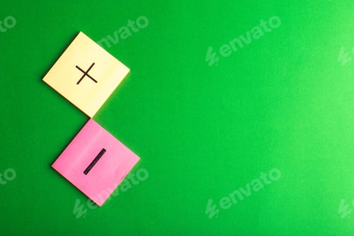 Preview: front view different signs on colorful stickers on green background math color science calculation