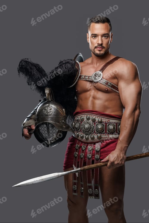 Preview: Gladiator in lightweight historical armor against grey studio background