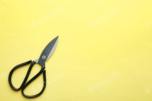 Preview: Pair of sharp scissors on color background, top view. Space for text