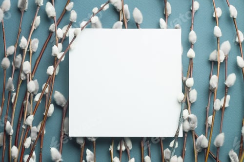 Preview: Pussy willow branches and blank card. Concept of Springtime