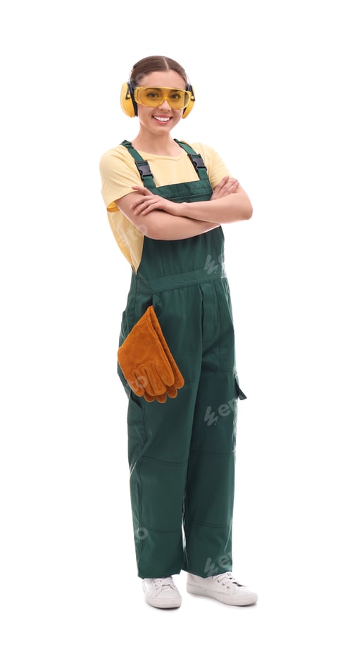 Preview: Female industrial worker in uniform on white background. Safety equipment