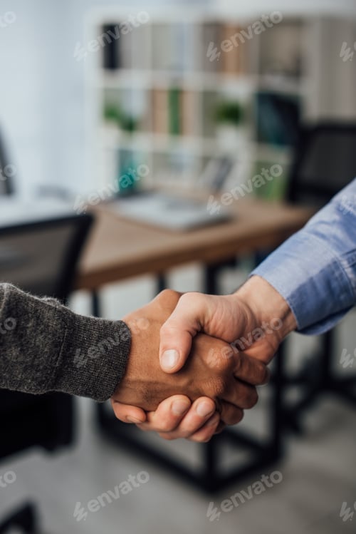 Preview: Cropped view of multiethnic businessmen shaking hands in office