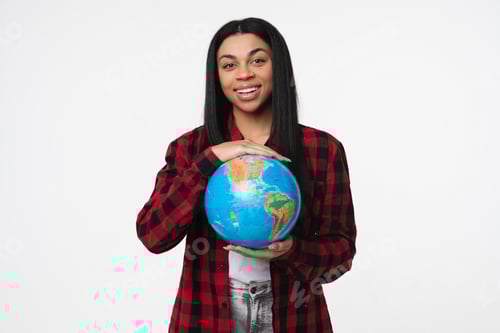 Preview: Smiling african woman girl hold hugging planet Earth globe to protect isolated in white background