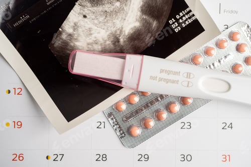 Preview: Pregnancy test and birth control pills with ultrasound scan of baby uterus, contraception health.