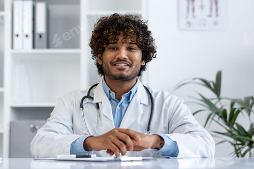 Preview: Close-up portrait of doctor inside clinic at workplace, man in white medical coat smiling looking