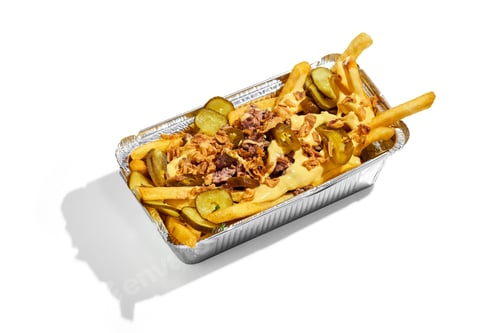 Preview: French fries with cheese sauce and meat, crispy onions on a white background. Hard Light