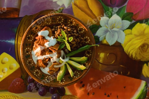 Preview: In Mexico, traditional chilaquiles are served on a table with colorful dishware