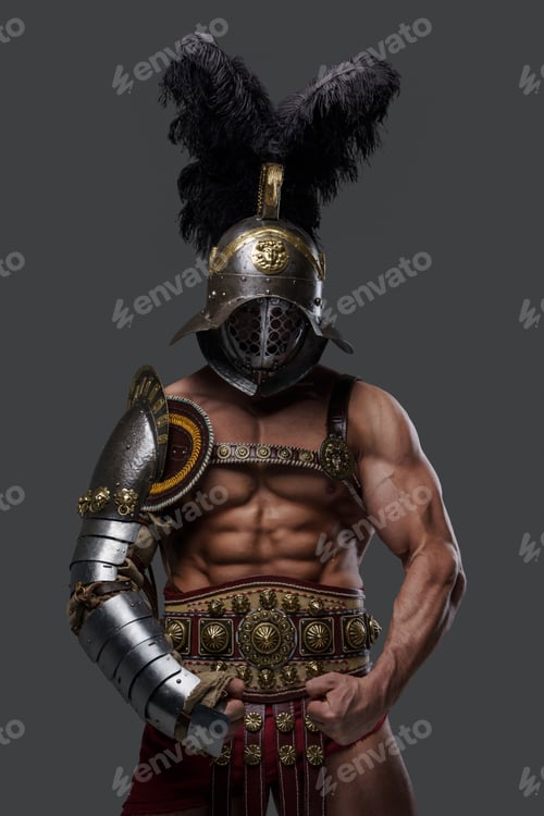 Preview: Naked colosseum warrior with helmet isolated on gray background