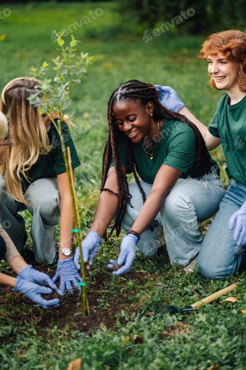 Preview: Group of volunteers planting trees in park