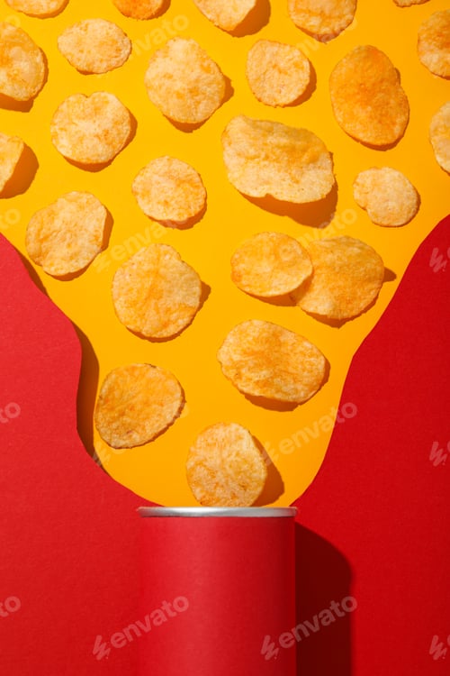 Preview: Potato chips with a red tube on a yellow background