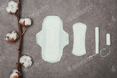 Preview: top view of arrangement of cotton twig, menstrual pads and tampons on grey surface