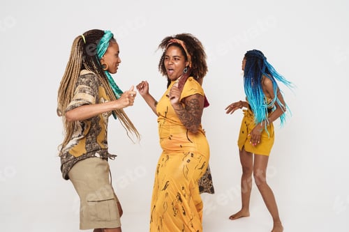 Preview: Young black three women wearing dress singing and dancing on camera