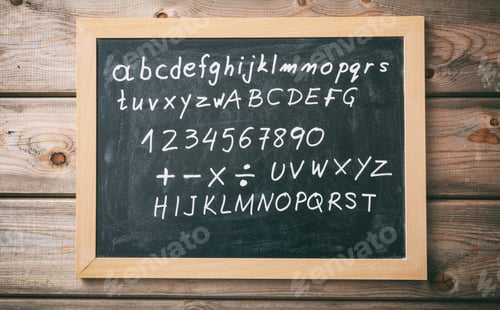 Preview: Letters and numbers on a blackboard with frame on wooden wall background