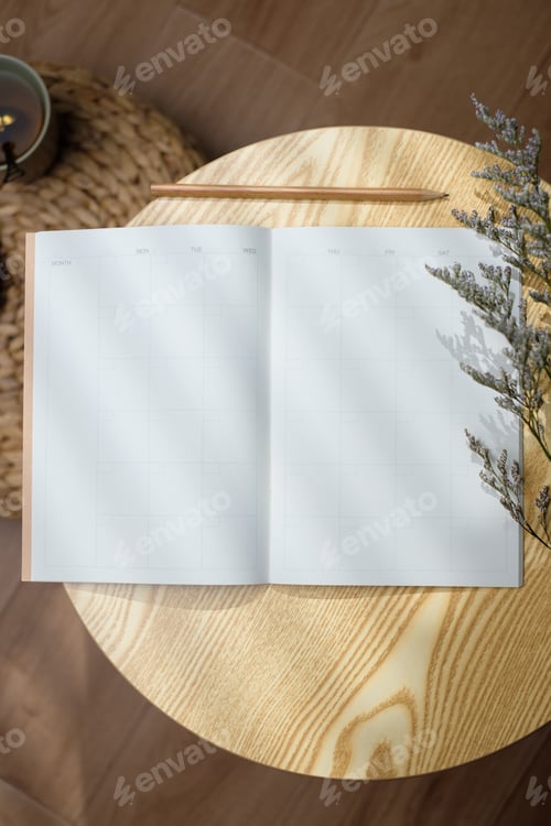 Vista previa: open blank calendar planner notebook with pen on wood table with sunlight