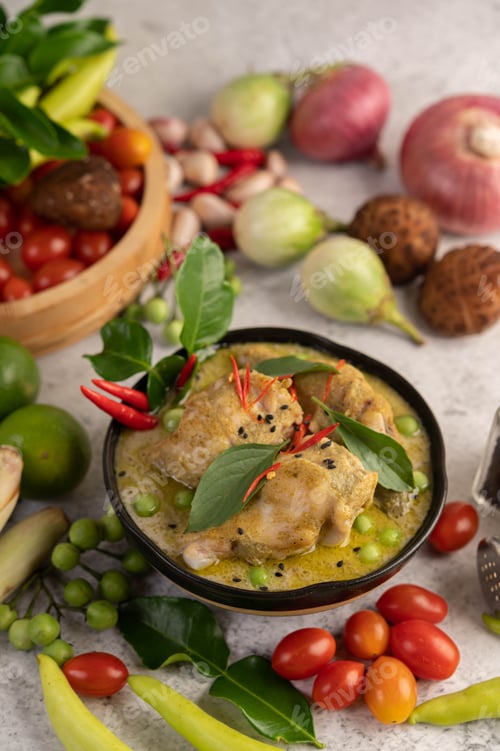 Preview: Chicken green curry in a bowl .