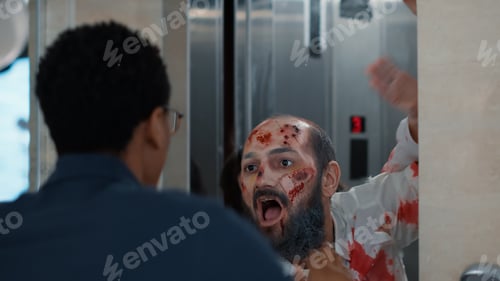 Preview: Confident man encountering evil zombies at elevator when leaving work.
