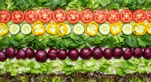 Preview: Fresh fruit vegetable rainbow rows background healthy eating colorful pattern flatlay.