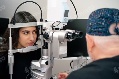 Preview: in an ophthalmology clinic old doctor diagnoses a young girl with a magnifying lens