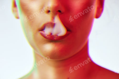 Preview: Beauty, cosmetics and woman lips with smoke with neon red lighting in studio on white background. C