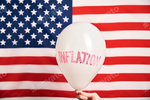 Preview: World inflation concept. Balloon with word inflation against usa flag