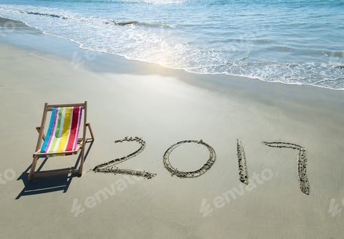 Preview: 2017 Written In Sand Write On Tropical Beach With Deck Chair.