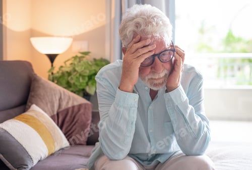 Preview: Serious senior man sitting alone at home staring into space, old man suffering from health problems