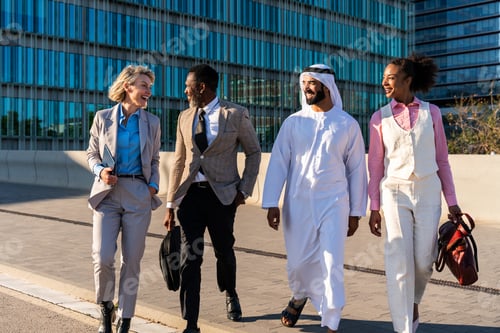 Preview: Group of multiethnic business people meeting an emirati businessman