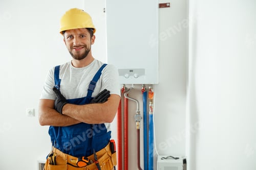 Preview: Smiling technician servicing the house heating system looking at camera while standing with arms