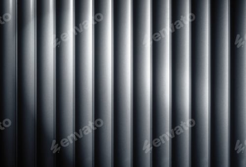 Preview: Soft shadows fall on silver corrugated metal wall, forming industrial striped background