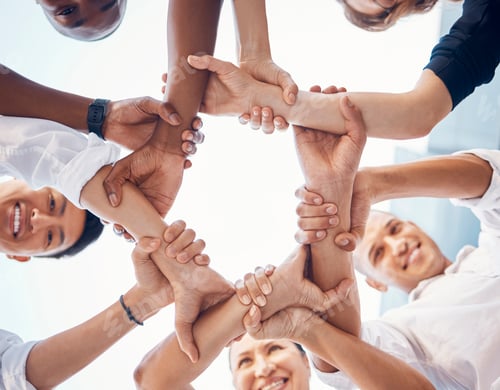 Preview: Team, hands and employee support for team building motivation on mission goals. Diversity, business