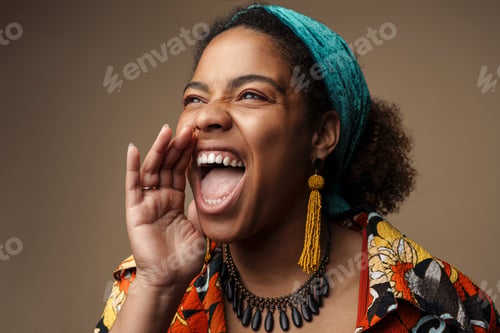 Preview: Young black woman in headband gesturing and screaming aside