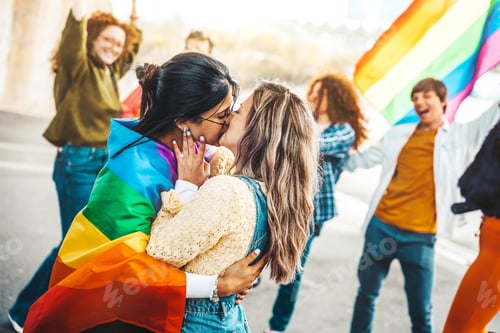 Preview: Diverse group of young people celebrating gay pride festival day