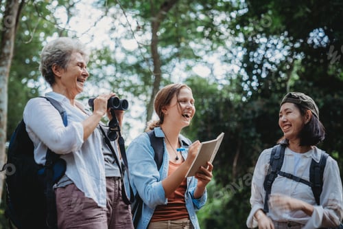 Preview: female backpacker group traveling in wild forest, Attractive girl traveler look around