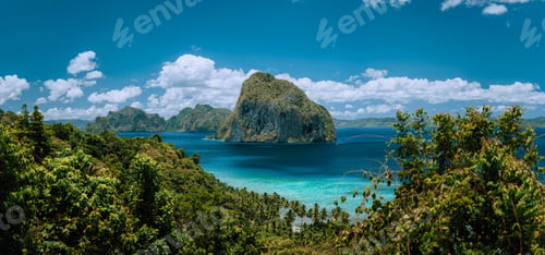 Preview: Palawan Archipelago. Panoramic shot of El Nido jungle coastline and amazing tropical Pinagbuyutan