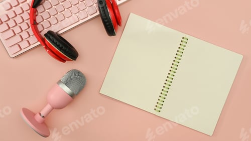 Preview: Top view microphone for podcasts, notepad and wireless headphones on pink background.