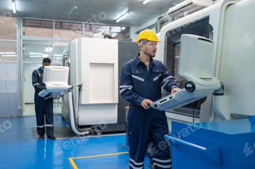 Preview: Male engineer operating CNC machine in control panel at factory